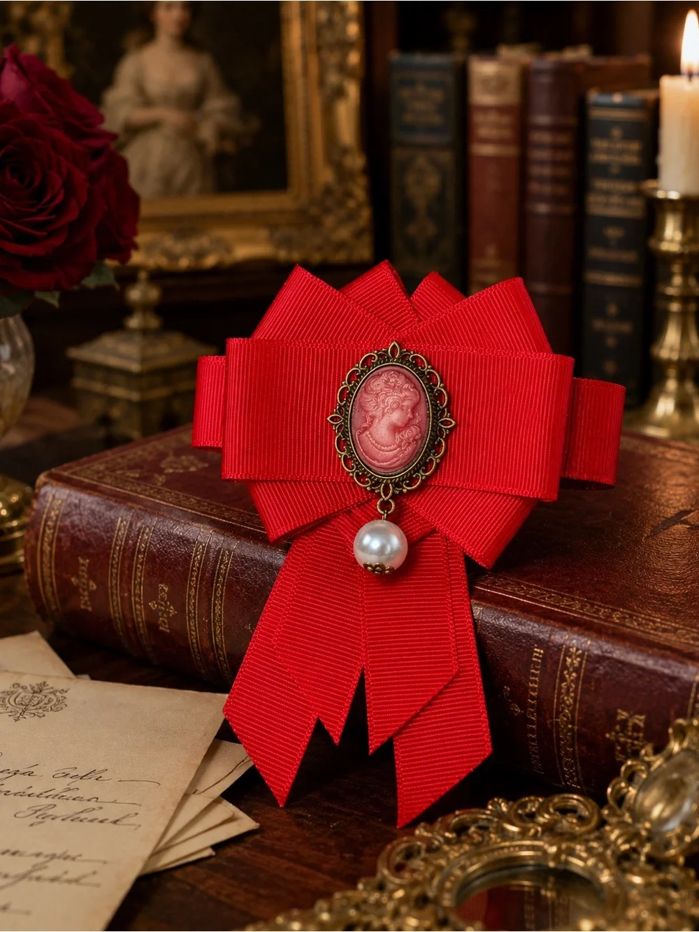 Vintage Victorian-Inspired Elegant Red Ribbon Brooch with Cameo and Pearl Accent - Picture 9 of 10